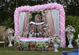 birthday stage, thematic stage, floral backdrop, decor specialists