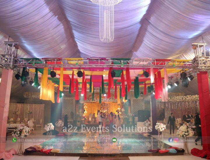 colourful mayoun decor, wedding setup, truss service providers, vip glass dance floor