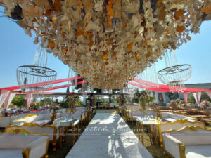 hanging chandeliers, themed draping