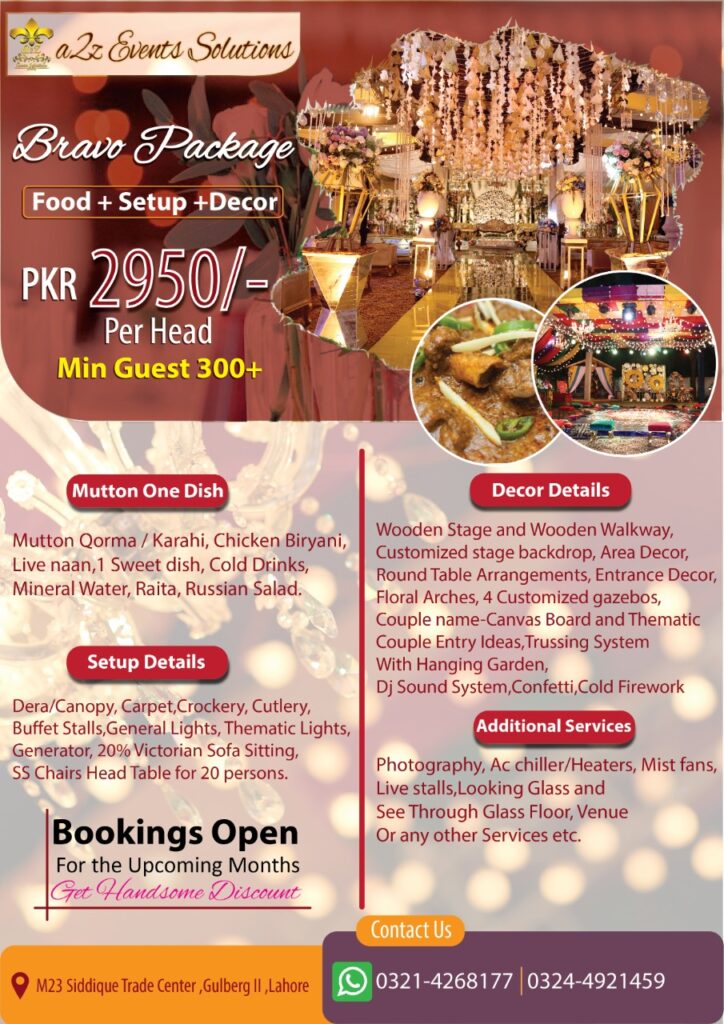 wedding packages, bravo package , wedding package with mutton menu, wedding decor with food price