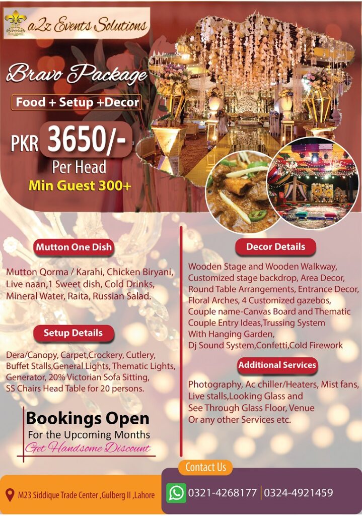 wedding packages, bravo package , wedding package with mutton menu, wedding decor with food price, wedding services with mutton menu , wedding prices with mutton food, wedding cost with one dish mutton, complete wedding services cost in pakistan, wedding planner in pakistan