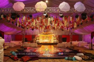 mehndi event planner, grand mehndi setup, dance floor, hanging garden, four sided truss