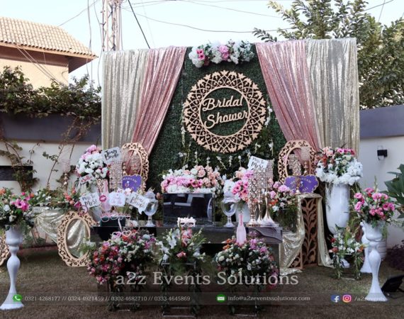 grand bridal shower stage, imported flowers decor