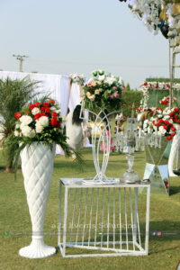 console table flowers decor, white themed vip wedding