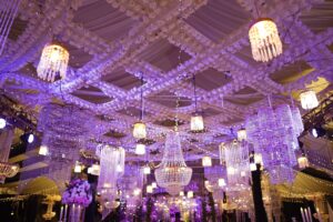 walima decor, hanging chandeliers